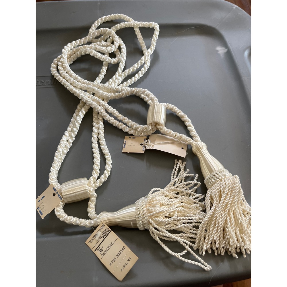Vintage Conso 36 Inch Tassel Curtain Tiebacks Set of 2 Off White Rayon Cotton